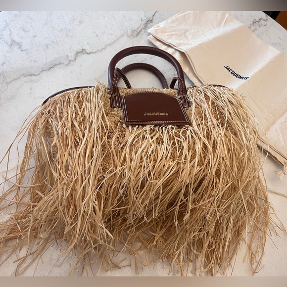 Jacquemus Le Panier Soli fringe raffia tote bag with brown leather trim - Picture 11 of 13